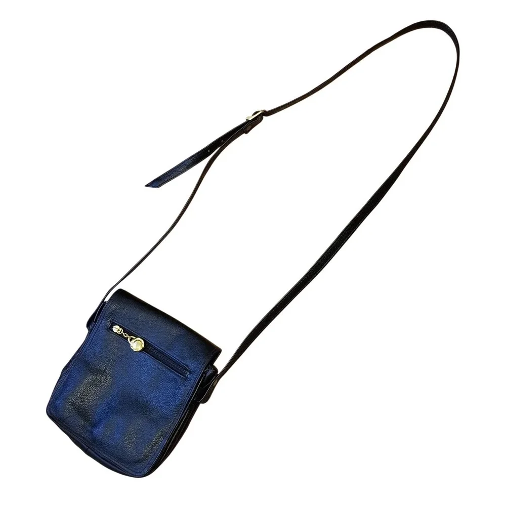 Vintage Barganza Leather Crossbody Bag Black Organizer Purse Made in India‎